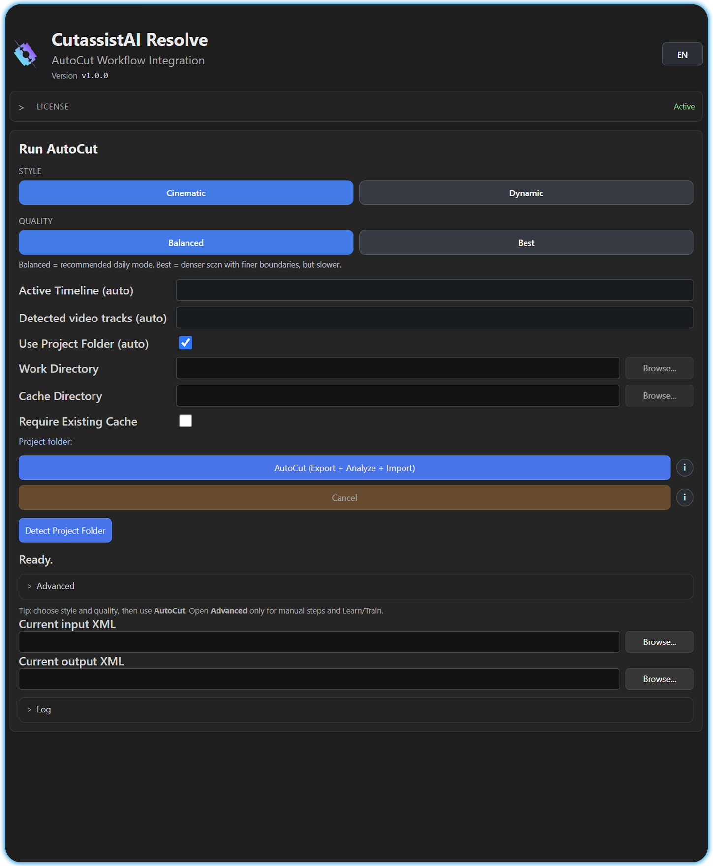 CutAssistAI integrated panel in DaVinci Resolve